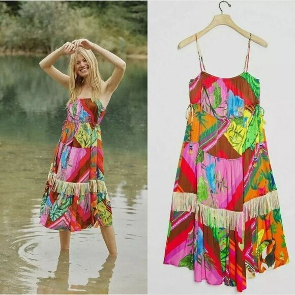 NWT ANTHROPOLOGIE FARM RIO SzM PALILA SPAGUETTI STRAPS FRINGED MIDI DRESS - Picture 1 of 14